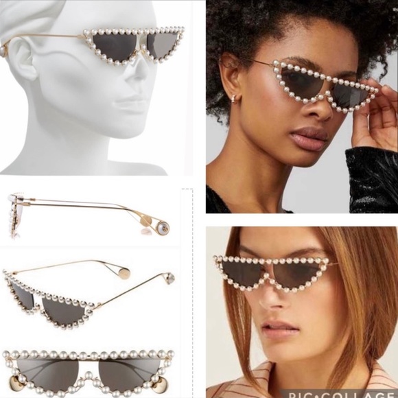 GUCCI FOREVER HOLLYWOOD EMBELLISHED PEARL WITH GOLD CAT EYE SUNGLASSES - Picture 11 of 13